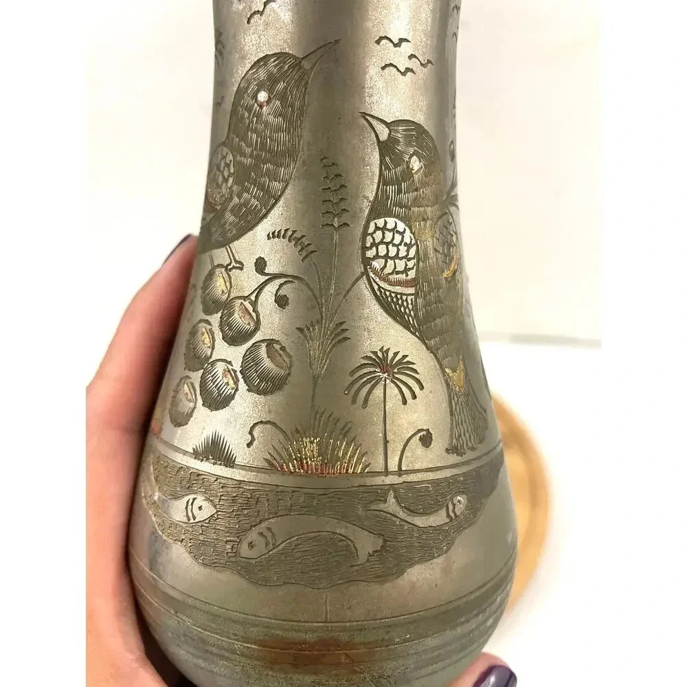 VTG Silver Tone Metal Middle Eastern Vase With Etching 8" Tall Birds Fish‎ - Picture 3 of 14